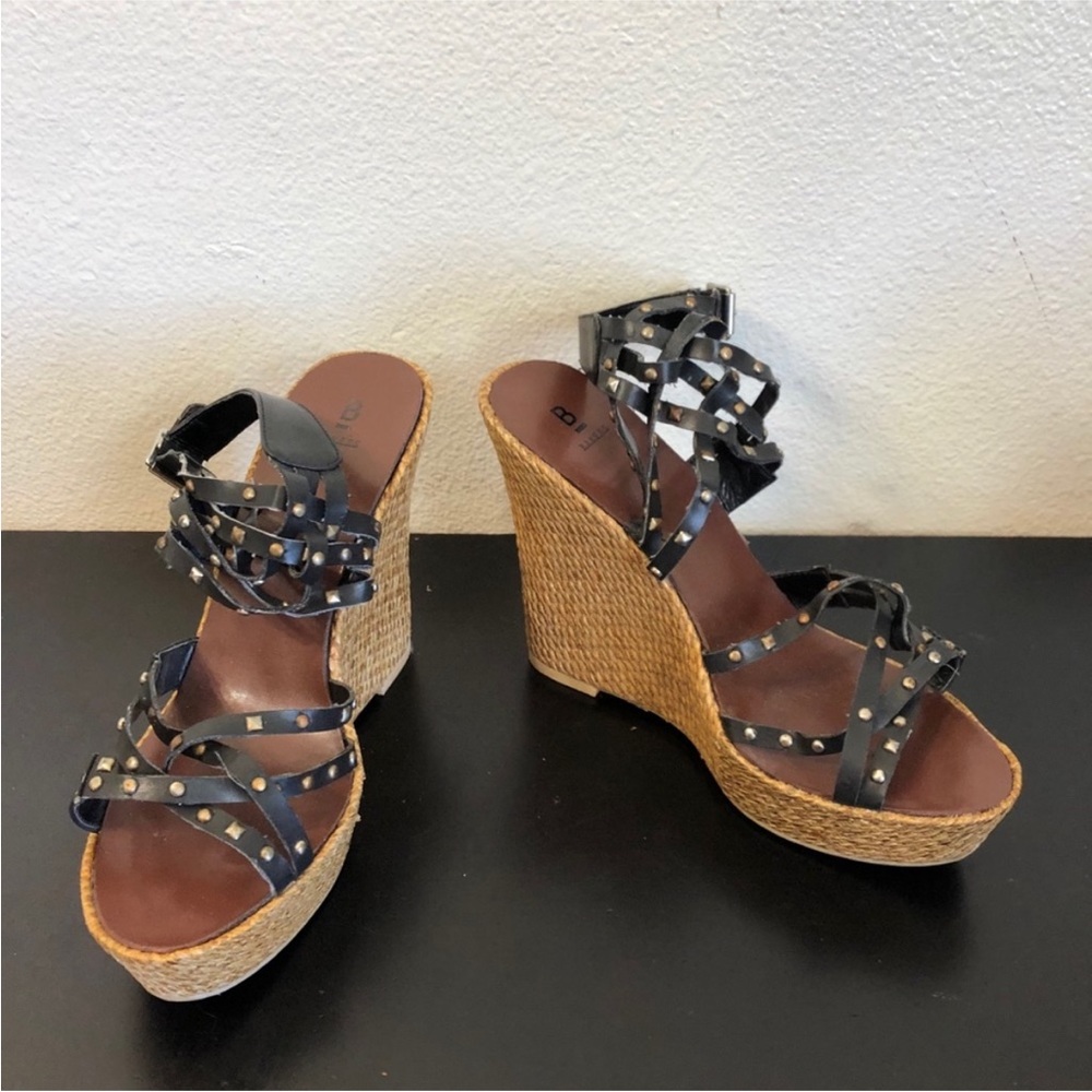 Bakers Black Faux Leather Studded Wedge Heels